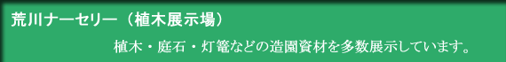 秩父荒川ナーセリー（植木展示場）　植木・庭石・灯篭など造園資材を多数展示しています。